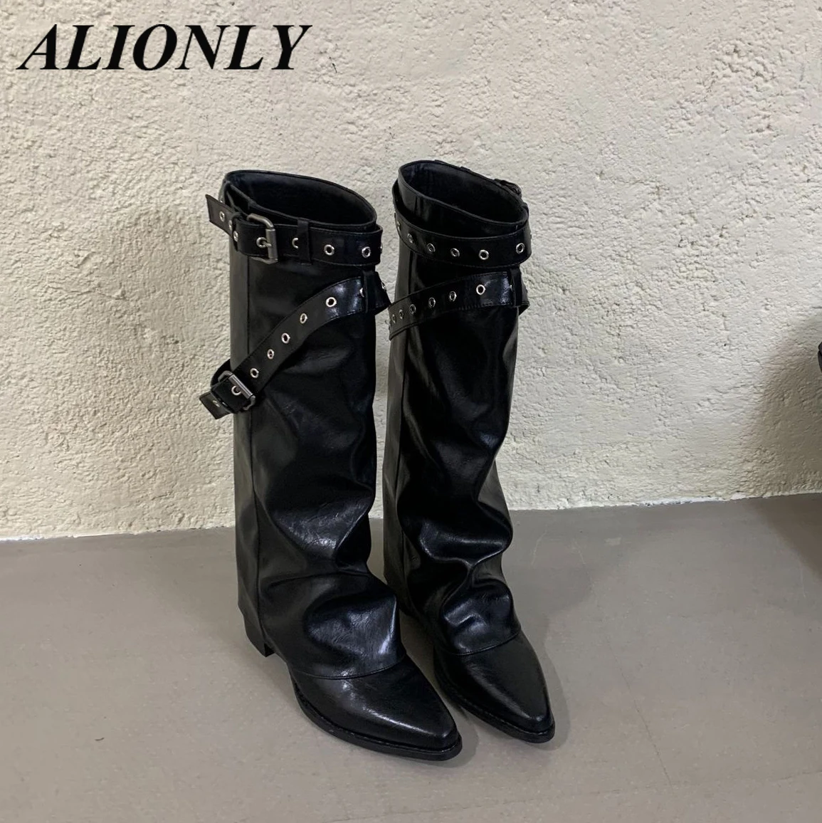 

Alionly 2026 New Winter Pleated Knee High Boots Women Retro Pointed Toe Kitten Heels Boots Botas Mujer