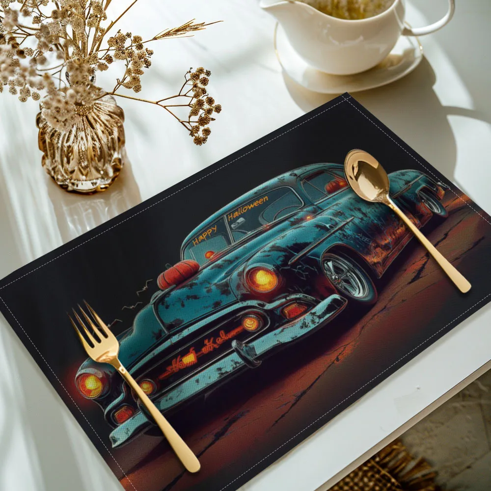 Halloween-Themed Car Print Placemats, Made Of Polyester, Perfect For Decorating Your Dining Room During The Holidays