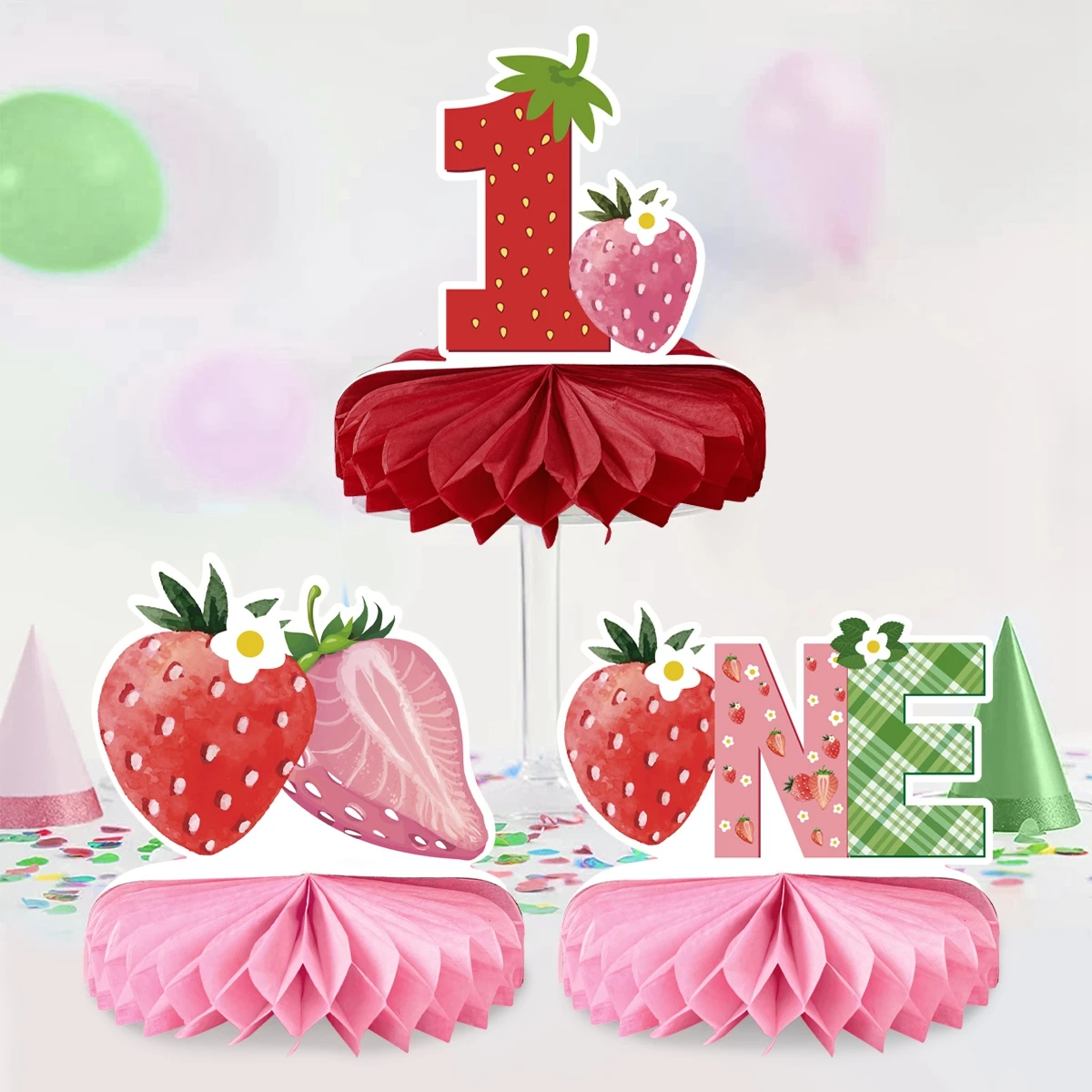 Strawberry Honeycomb Set Happy 1st Birthday Party Decoration Kids Adults Favors Gift Sweet Strawberry Theme Baby Shower Supplies