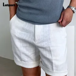 Pantalones cortos de lino y algodón para hombre, ropa de calle masculina con bolsillo y cremallera, estilo informal, a la moda, color blanco y azul marino, 2024