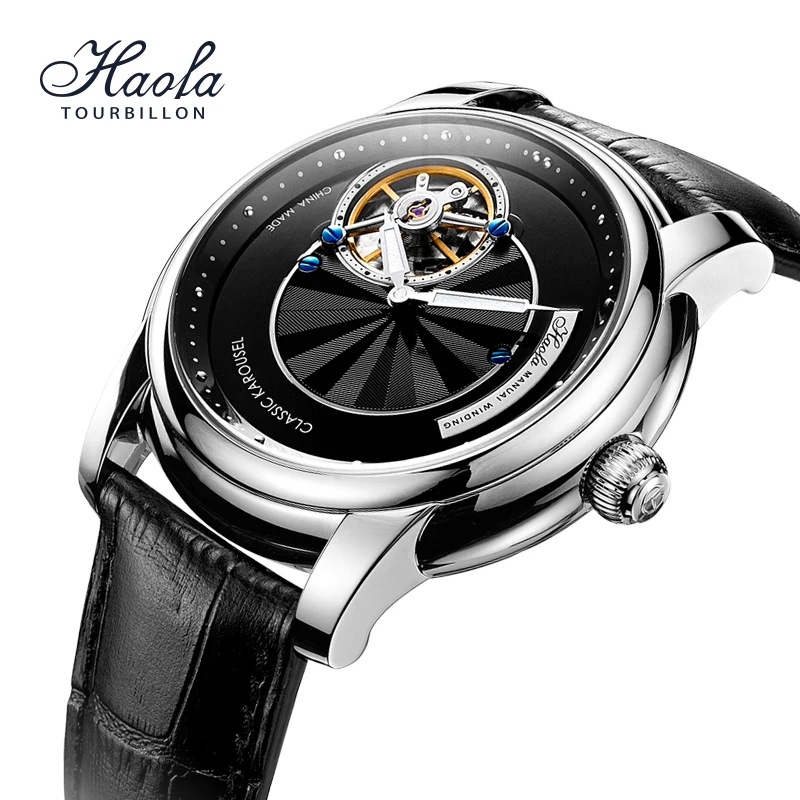 Haofa Carrousel Mechanical Mens Watch Orbital Rotating Dial Sapphire Waterproof Manual Karrusel Business Dress Wristwatch 1128