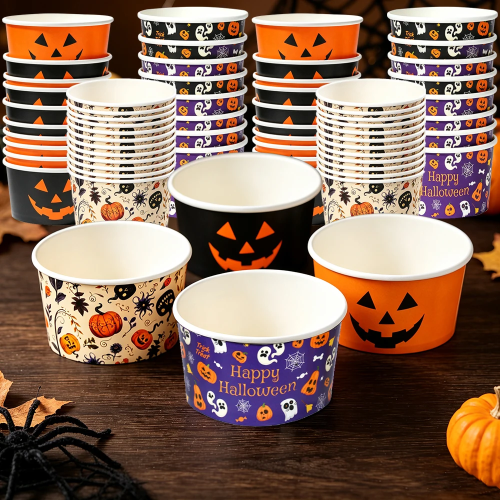 2026 Halloween-Muster Papierbecher mit Kürbis-, Geister- und Spinnen-Print, Snack- und Eiscreme-Schalen für Halloween-Feierlichkeiten zu Hause – Detail 1
