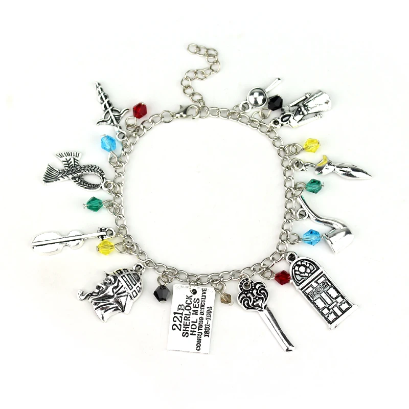 Classic TV Show Sherlock Bracelet 221B Key Tobacco Pipe Wind Coat Scarf R.A.M.C Charms Bangle for Fans Jewelry Gift