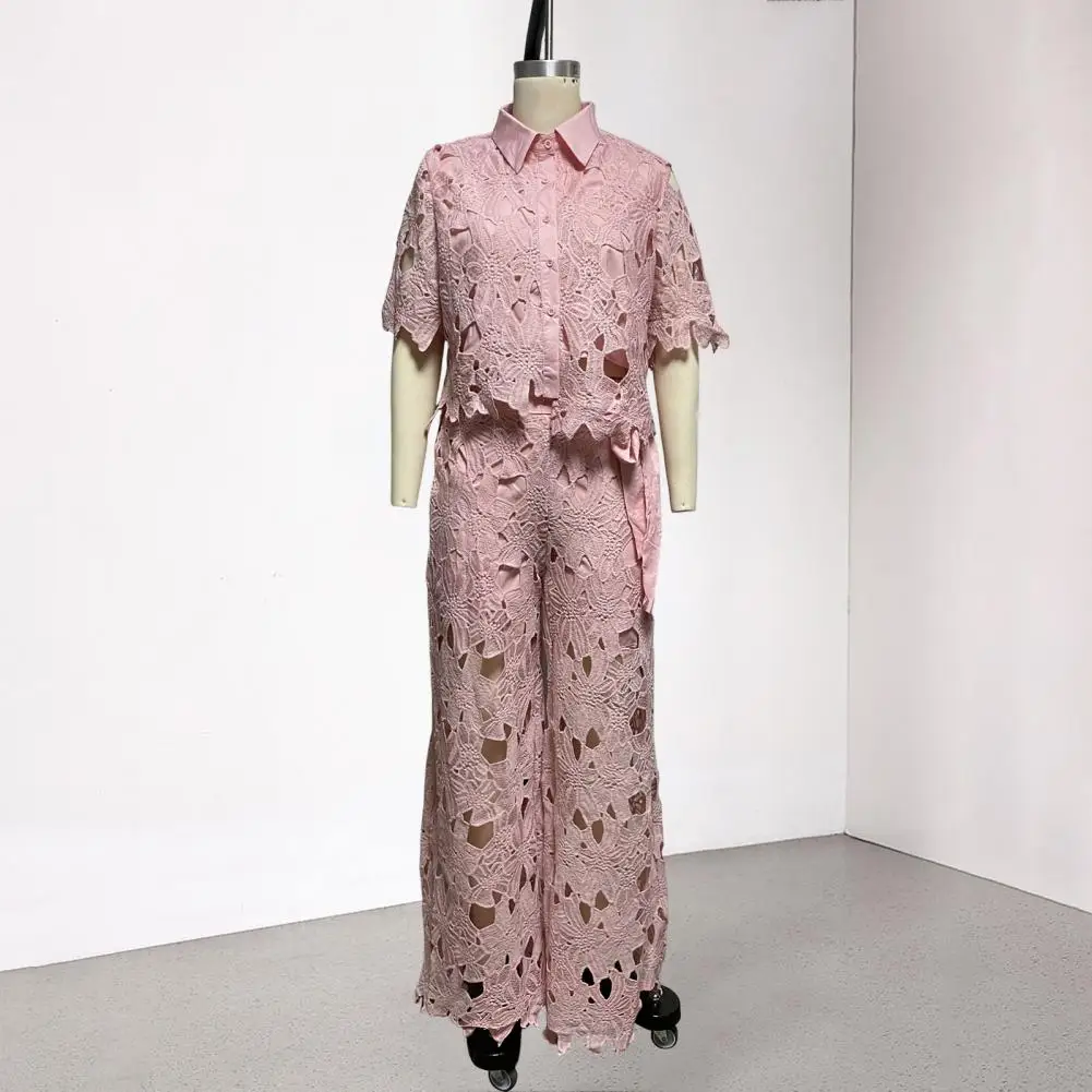 

Autumn Fashion Lace Two Piece Set Women Casual Solid Lace Top Wide Leg Pants Set Short Blouse Wide Leg Trousers Set