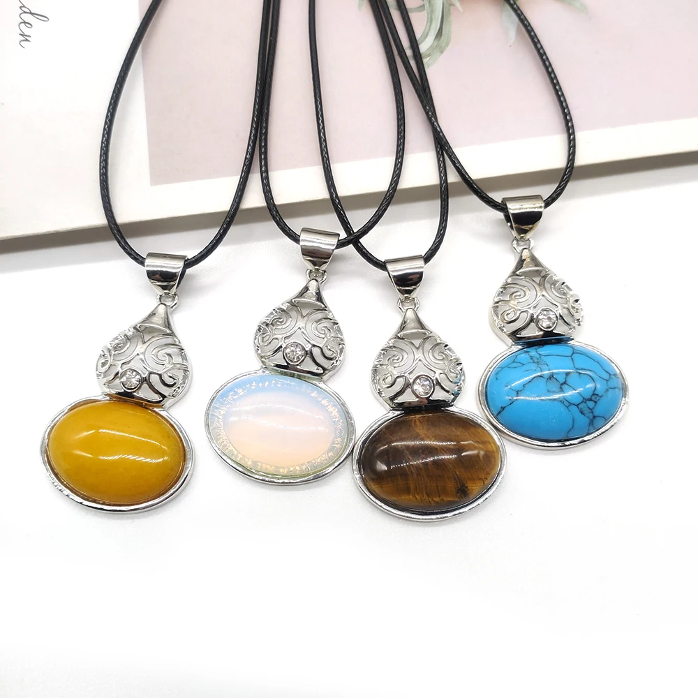 Natural Stone Pendant Necklace Tiger Eye Opal Pink Crystal Zinc Alloy Gourd Shape Pendant Fashion Necklace Jewelry Accessories