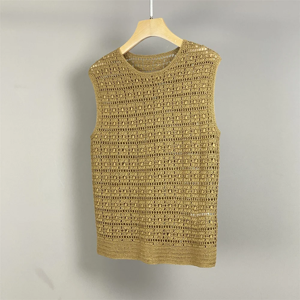 Gilet tricoté à col rond ajouré pour femmes, crocheté à la main, à la mode, assorti avec tout, été