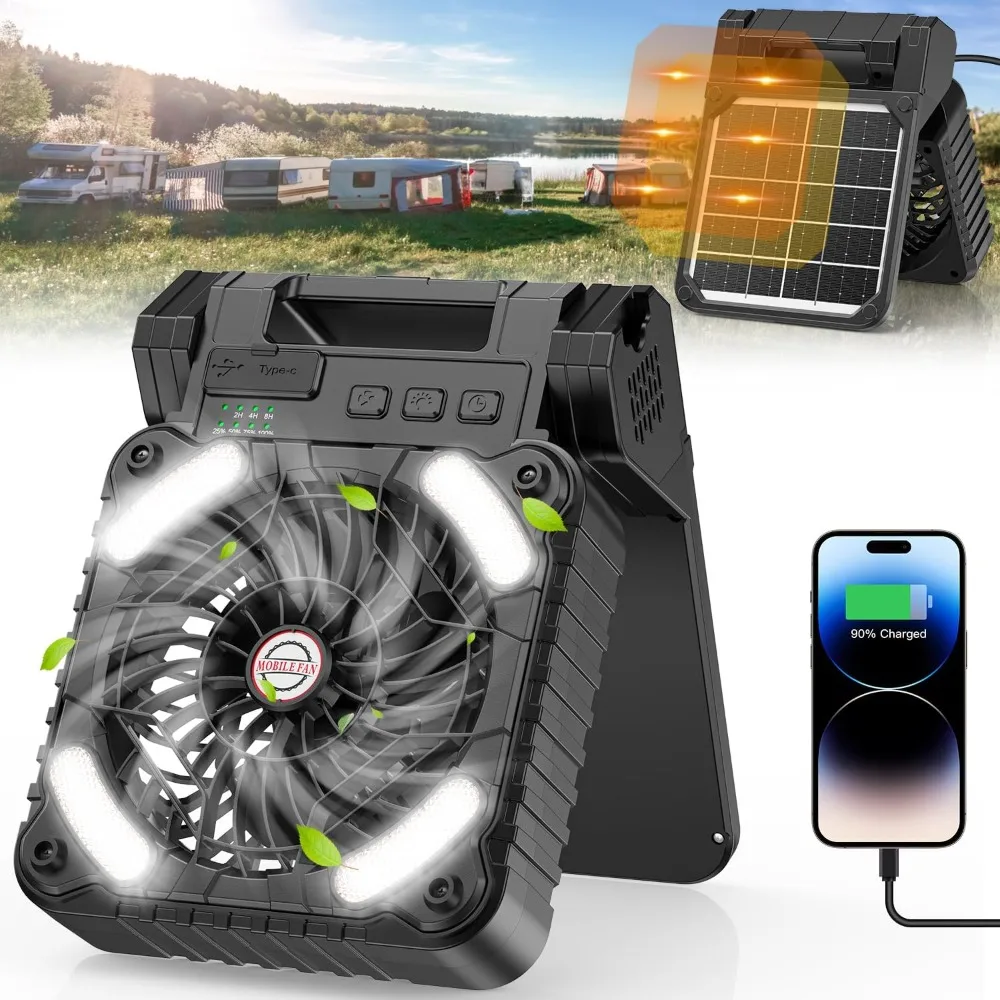 

Solar Fan 10400mAh Rechargeable Battery Operated Portable Fan with LED Lantern, Timer , for Picnic, Hurricane, Camping