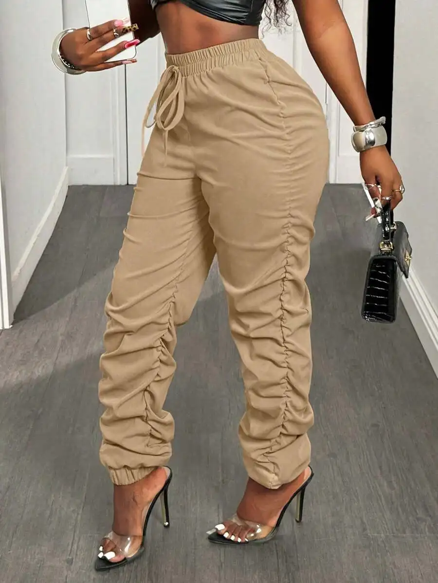 

Женские бежевые джоггеры с драпировкой, эластичным поясом и манжетами на низу