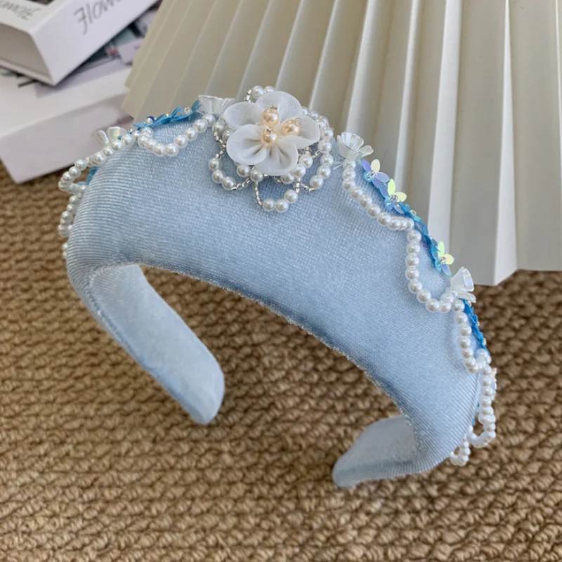 French Imitation Pearls Velvet Crown Headband Triangle Flower Hair Hoop Bride W 3