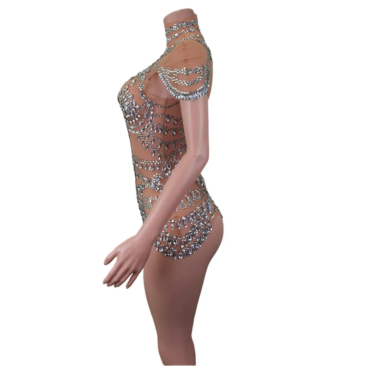 Luxury Lady One Piece Stretch Sheer Mesh Playsuit Sexy Stage Sparkly Rhinestone High Strecth Bodysuits  Dance Drag Queen Costume