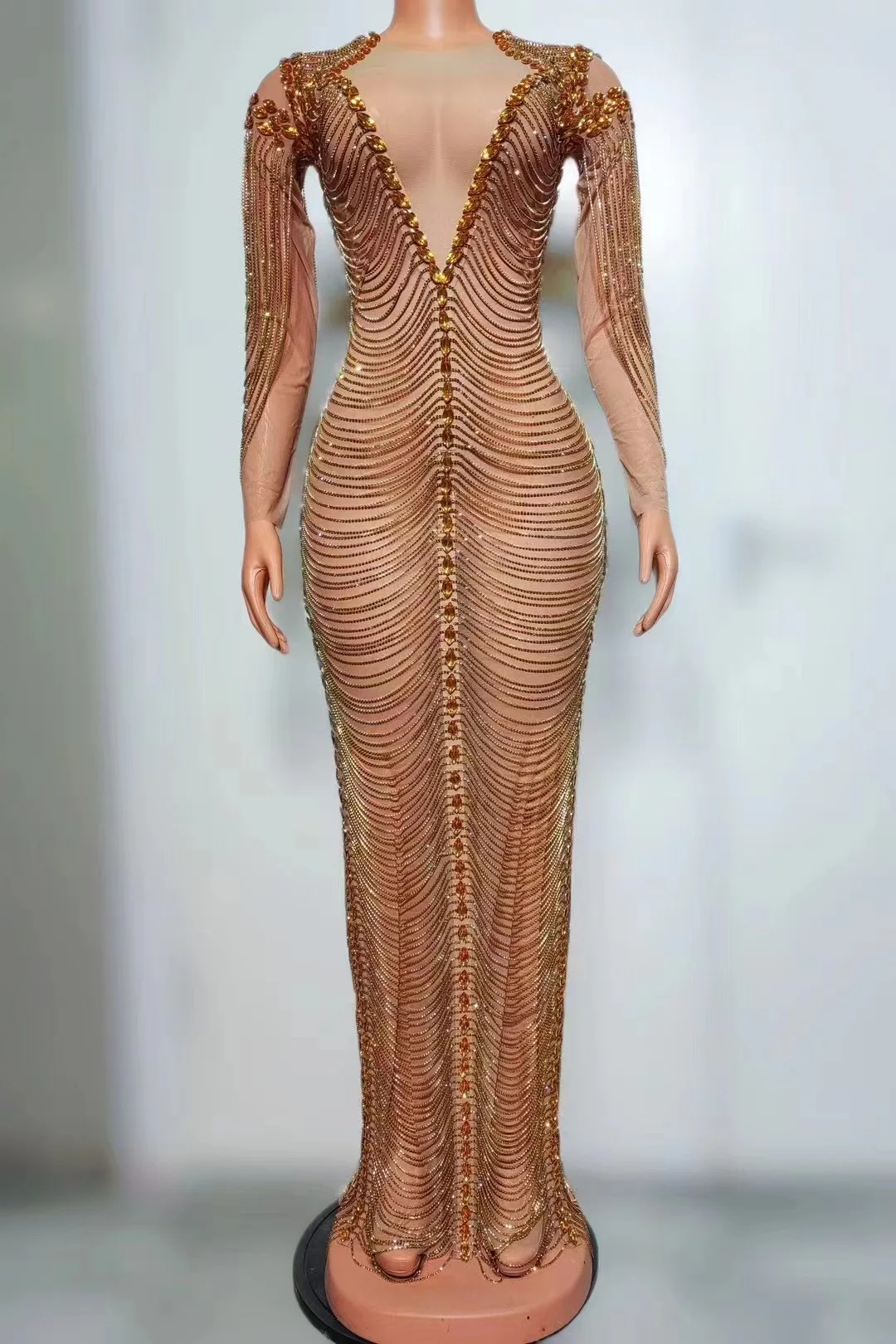 

Colorful Split Gold Long Chain Slim Fit V Neck Full Diamond Elegant Nightclub Bar Birthday Party Performance Clothing