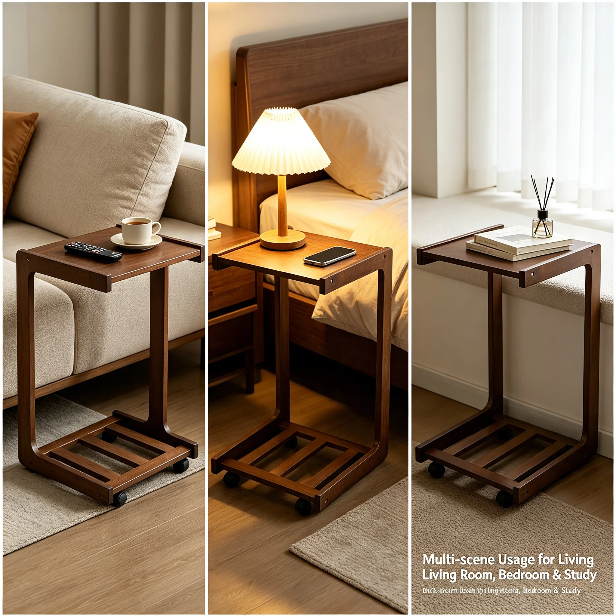 C-Shaped End Table with Wheels, Mobile Side Table with C-Design for Sofa Bed, 33 lbs Capacity per Tier, Rubber Wood Modern Nightstand for Living Room Bedroom, Walnut