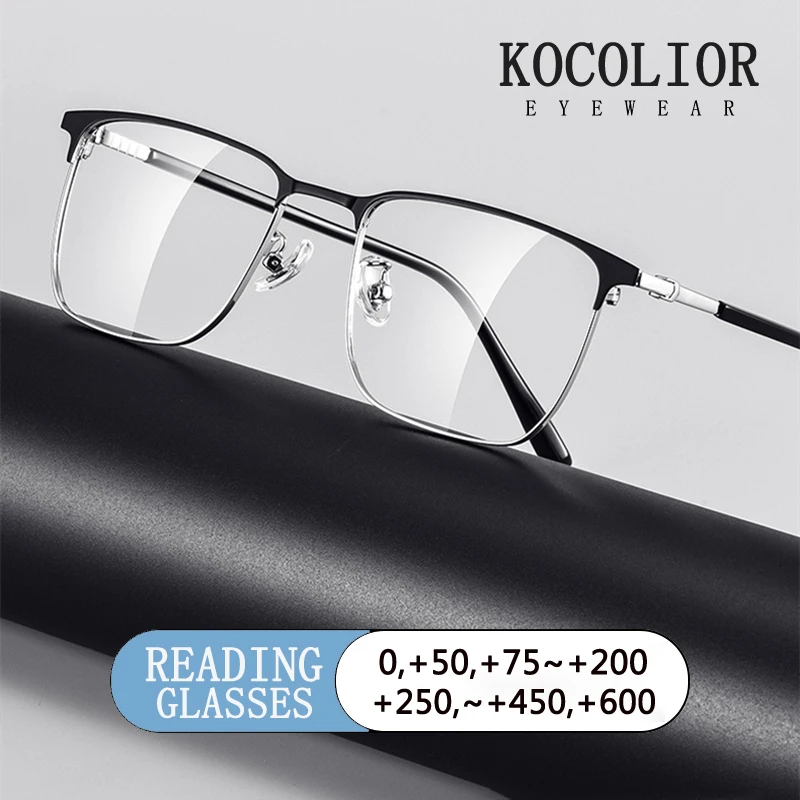 Fashion Luxury Business Office Square Alloy Eyebrow Eyeglasses Frame Men's Optical Prescription Anti Blue Light Reading Glasses