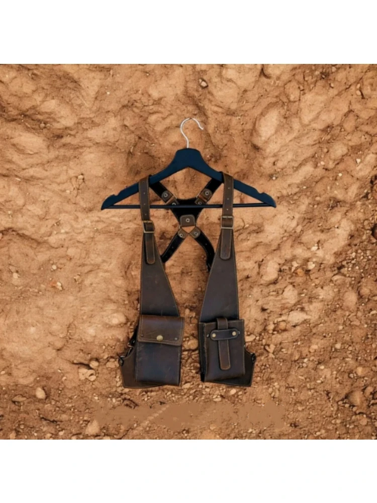 

Retro Punk Style Double Shoulder Strap Outdoor Anti-theft Tactical Bag Men's Leather Underarm Adjustable Mobile Phone Chest Bag