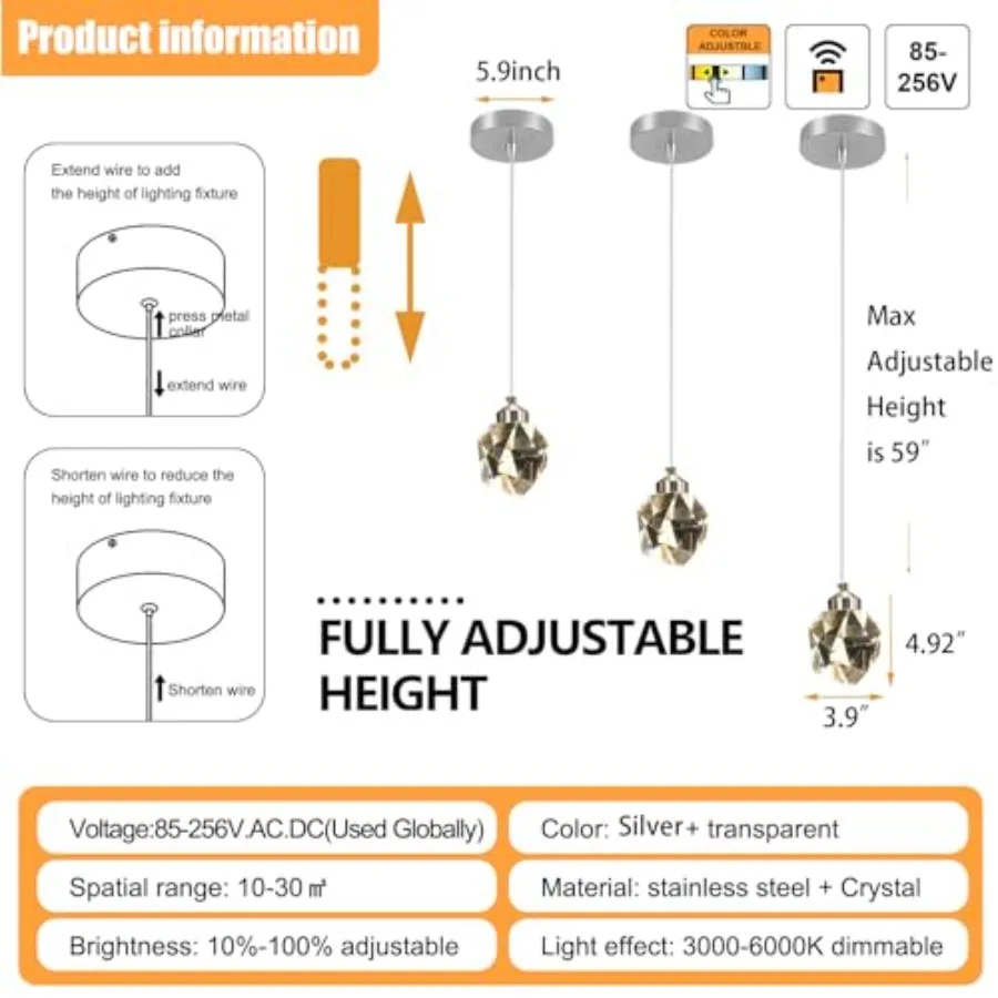 Chrome Crystal Pendant Lights Kitchen Island Bedroom Bedside Hanging Crystal Ceiling Light Dimmable 3000k-6000k Independent