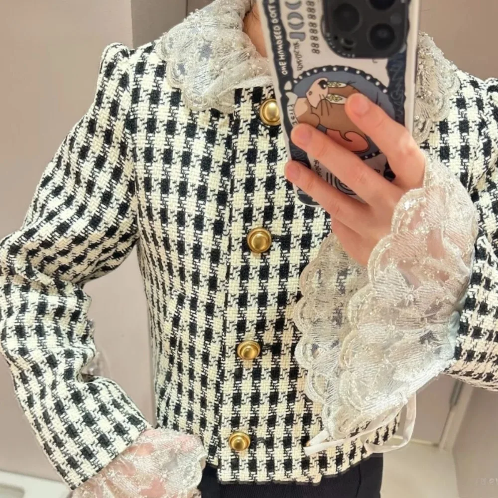 

All-match Lace Short Patchwork Jacket Gentle Small Fragrance Exquisite Elegant Coat Japan Plaid Casual Vintage Outwears