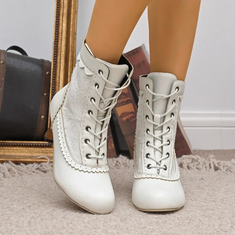 

Women Closed Toe Med Heel Lace Up Satin Lace Wedding Bridal Boots Plus Size Lolita Victorian Court Retro Shoes Dropshipping