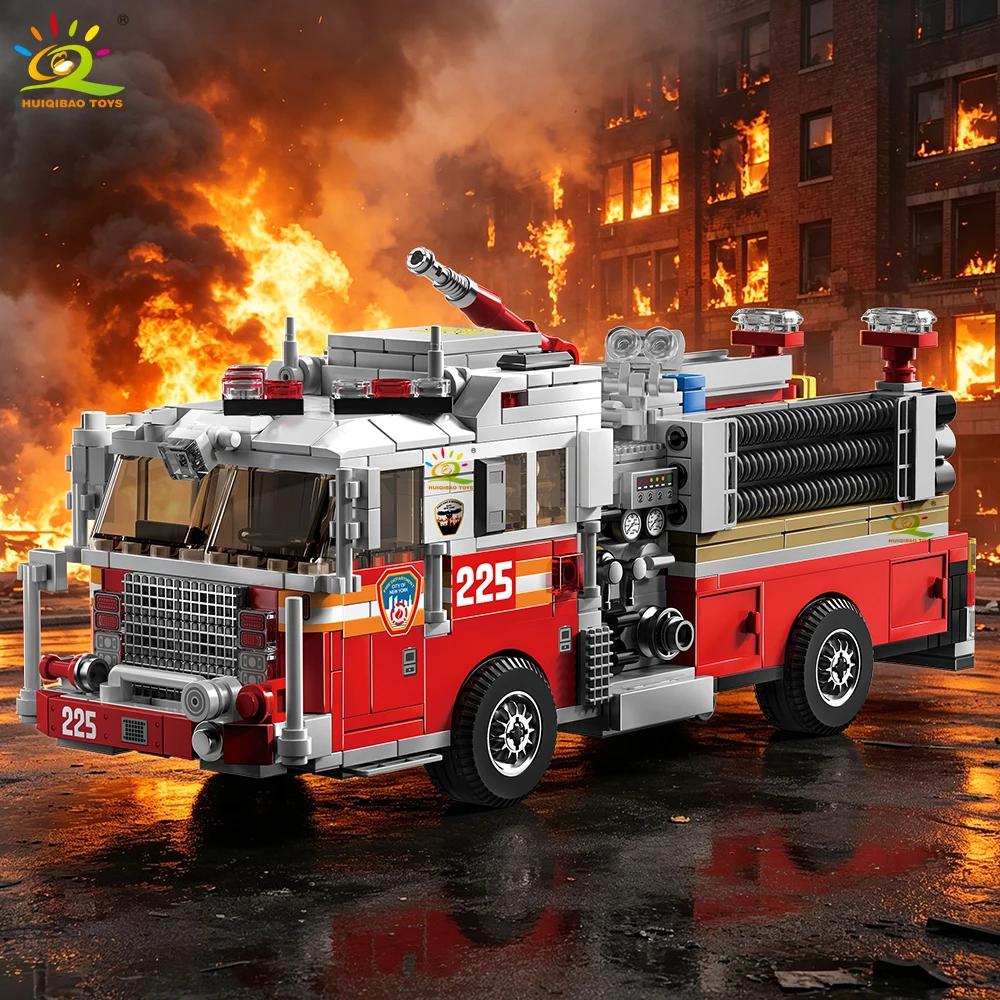 HUIQIBAO 1052pcs MOC Fire Engine Truck Model Building Blocks Fire fighting Car Bricks set City Educational Toy For Children Gift