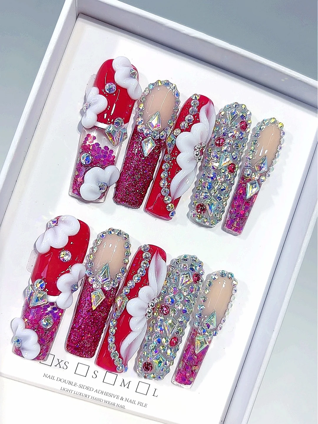 

Красный и розовый пресс из смолы на ногтях - 3D цветок со стразами и блестящими акцентами, накладные ногти ручной работы для женщин (O014)