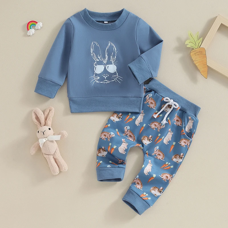 

2023-11-07 Lioraitiin 0-3Y Toddler Boys Easter Clothes Sets Blue Long Sleeve Sweatshirt Bunny Carrot Print Pants Sets