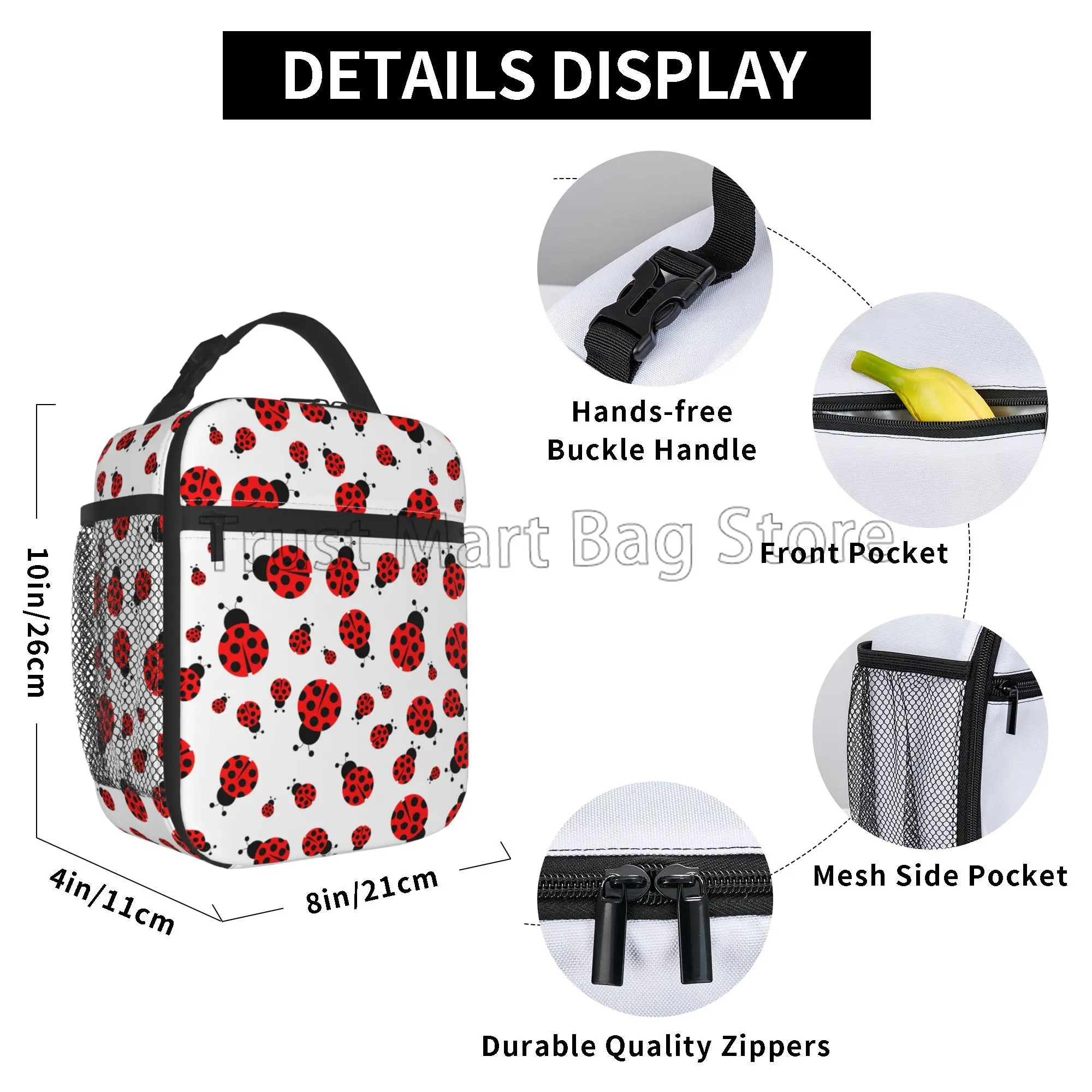 Cute Cartoon Ladybug Thermal Lunch Bag for Women Girls Reusable Portable Waterproof Insulated Lunch Box for Work Travel Picnic