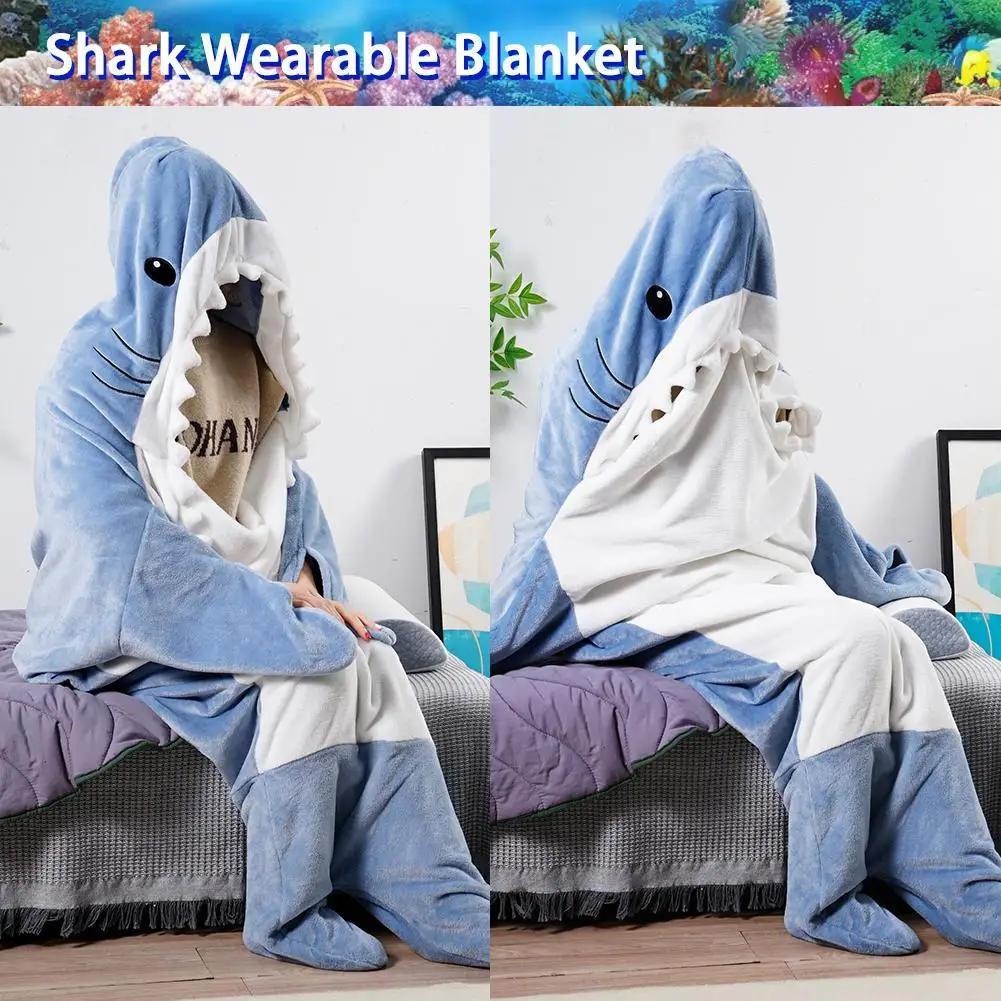 New Shark Blanket For Adult Winter Warm Blanket Hooded Playsuit Onesie Funny Sleeping Bag For Slumber Party Wearable