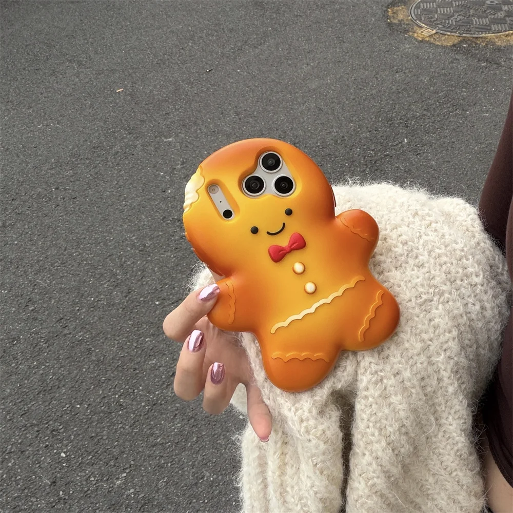 

Kawaii Gingerbread Man 3D Phone Case For iPhone 15 14 Pro 13 12 16 17 Pro Max Cover Silicone Funda Cute Shockproof Cartoon Cases