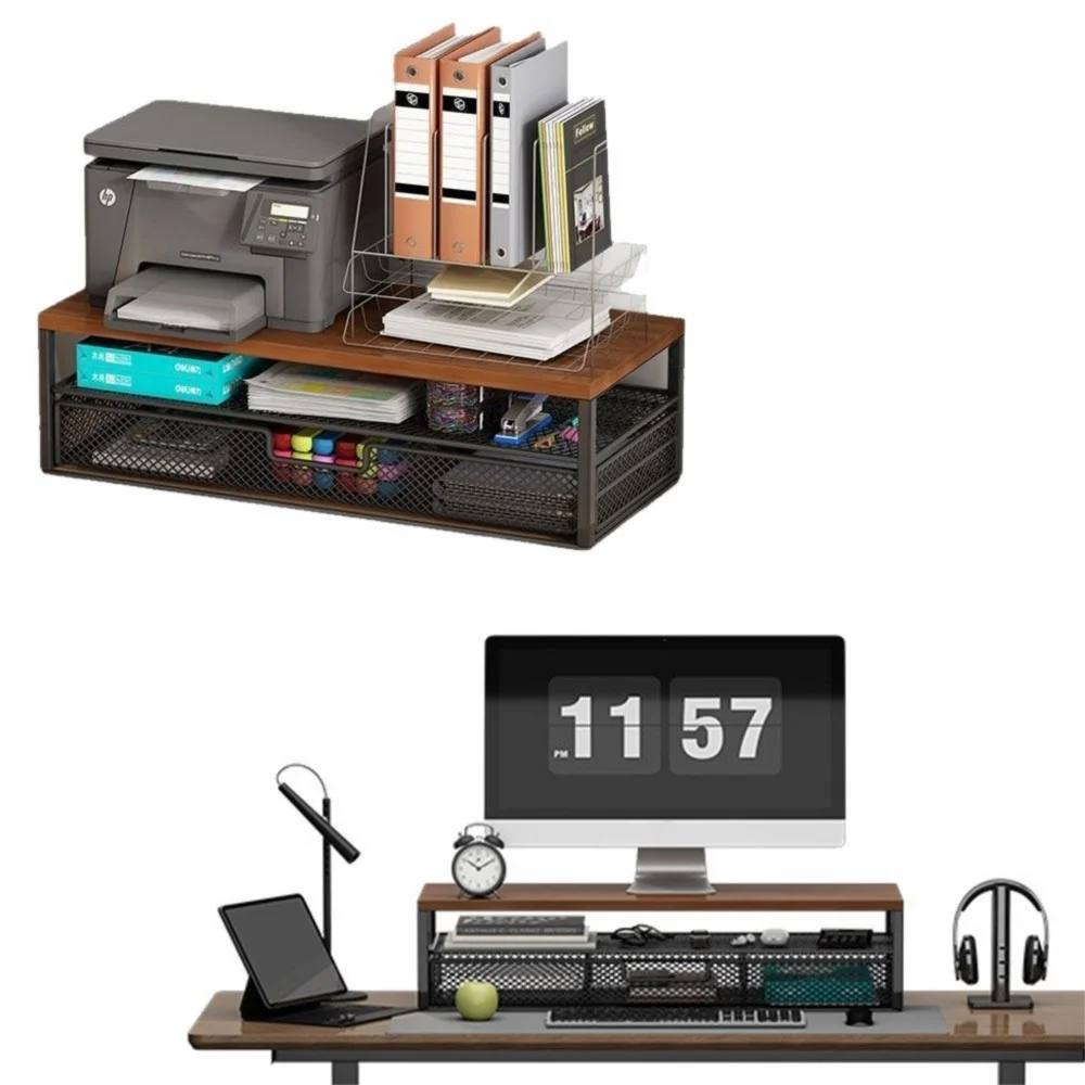 2-Tier Design Computer Monitor Stand Metal Mesh With Drawer Desk Monitor Riser Space Saving Large Load Bearing