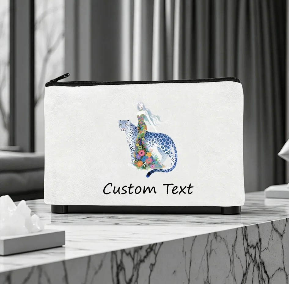 1PC Custom Text Woman & Blue Snow Leopard Cosmetic Pouch Floral Art Zipper Makeup Bag Personalized Canvas Storage Gift