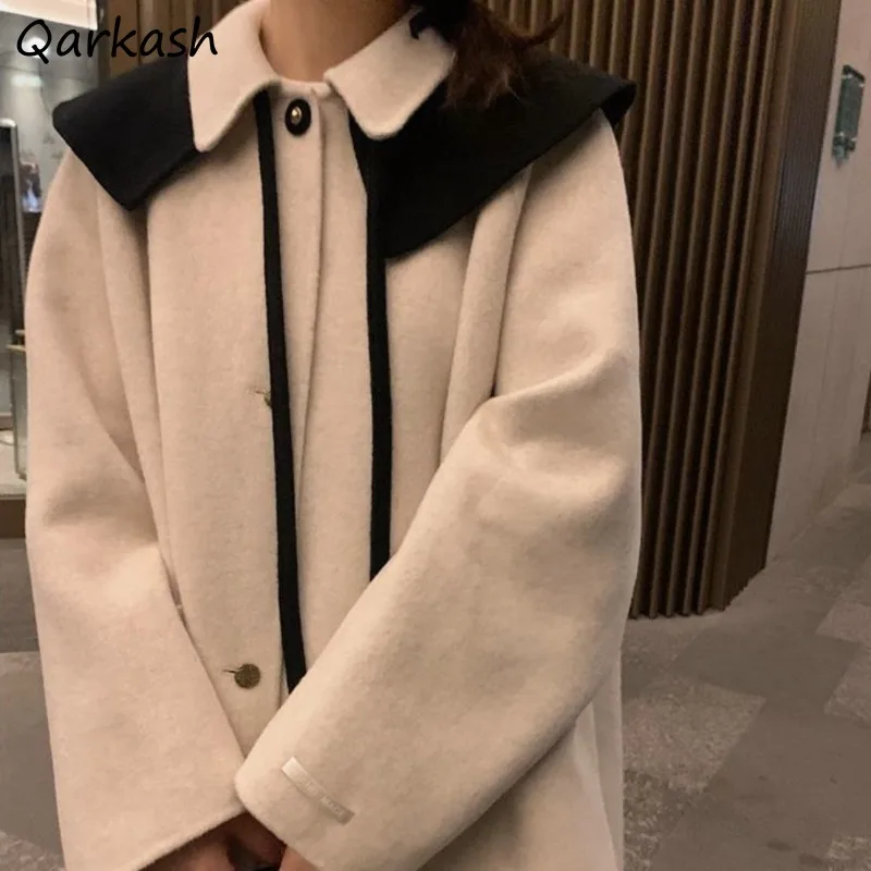 

Wool Blends Coats Women Button Drawstring Autumn Winter Sweet Pockets Single Breasted Patchwork Causal Midi All-match Leisure