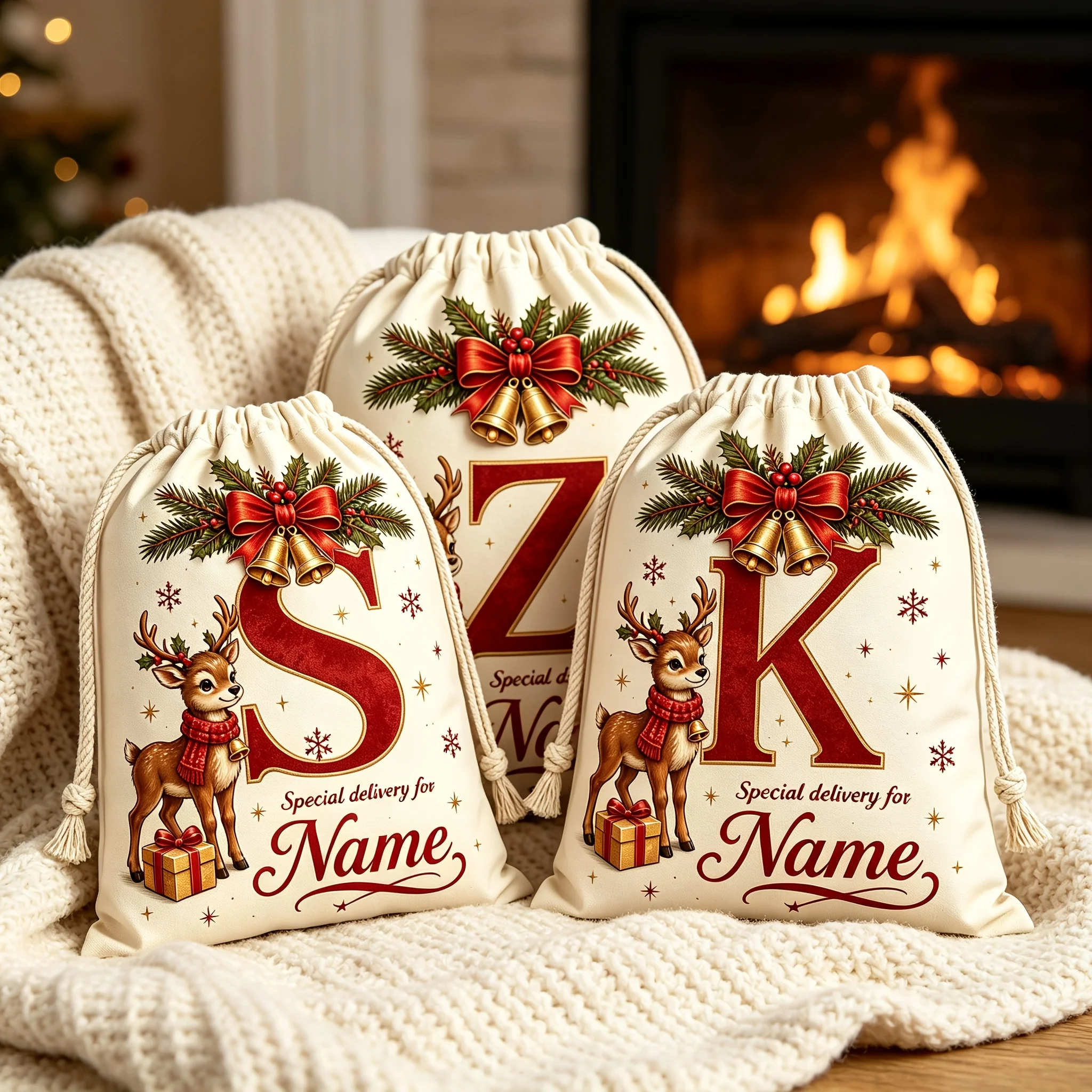 Custom Name Christmas Drawstring Gift Bag 26 Alphabet Reindeer Sack Personalized Xmas Candy Present Storage Pouch Party Gifts