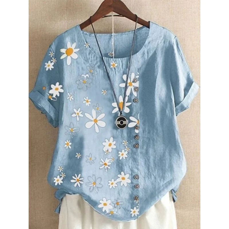 Summer Plus Size Linen Daisy Print Short Sleeve Blouses for Women Polyester Tee Shirts O-Neck Loose Pullover Top Lady Clothes