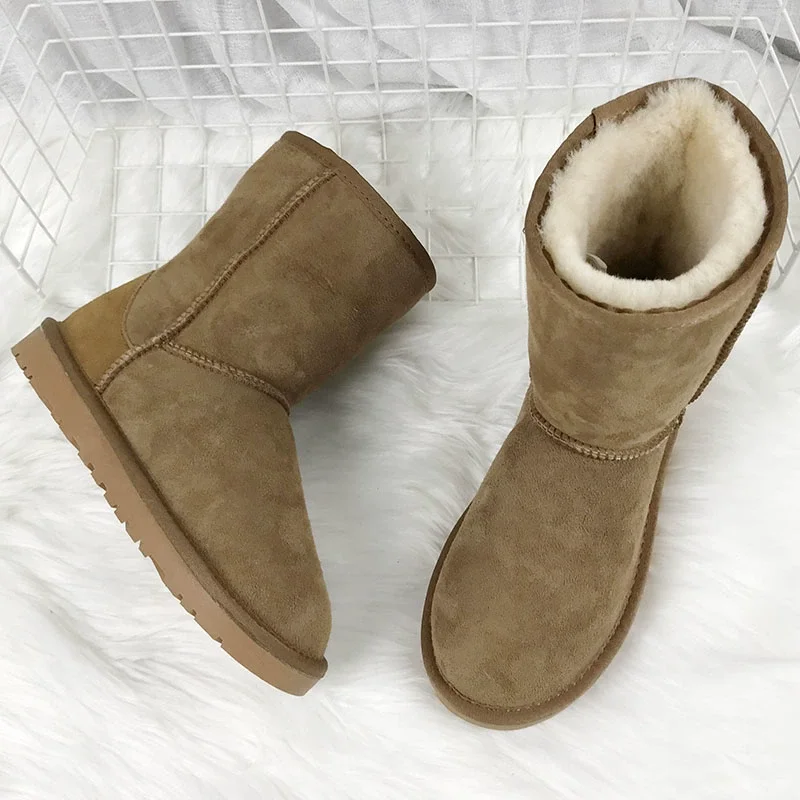 100% Natural Fur Woman Boots Slip-On Genuine Sheepskin Leather Winter Snow Boots Mid-Calf Real Wool Warm Shoes