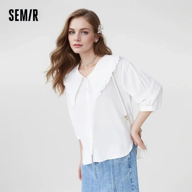 Semir Women Shirt 2024 New Middle-sleeve Shirt Easy-care White Gentle Stringy Selvedge Large Lapel Collar Clothes Shirt