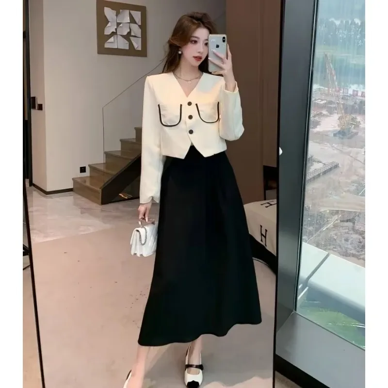 Insozkdg 2024 Autumn Winter High-end Contrast Color Tweed V-neck Long Sleeves Jacket + High Waist Mid-length A-line Skirt Suits