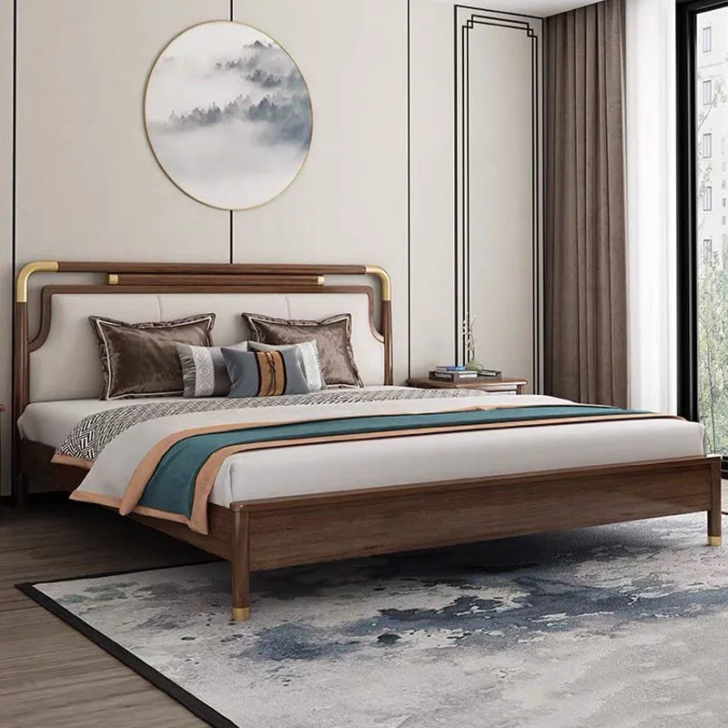New Chinese-style solid wood leather bed master bedroom modern walnut furniture Nordic light luxury factory price direct sales
