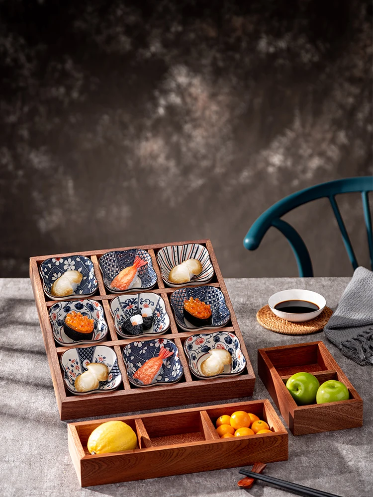 Ebony Wooden Storage Box, Nine Square, Japanese Fruit and Dried Fruit Plate, Hot Pot Platter, Side Dish, Snack Tray