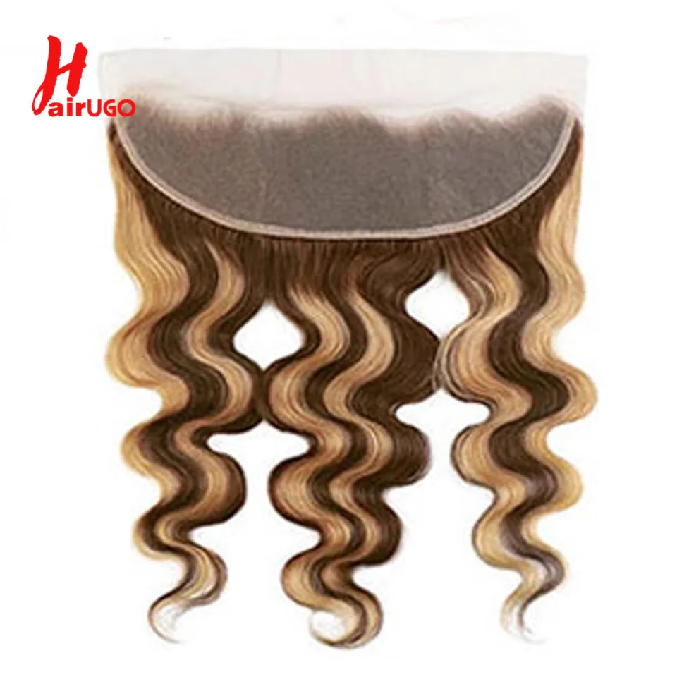 HairUGo-Cabello Humano ondulado de 13x4, postizo de encaje Frontal 100%, Remy, brasileño, transparente, P4/27