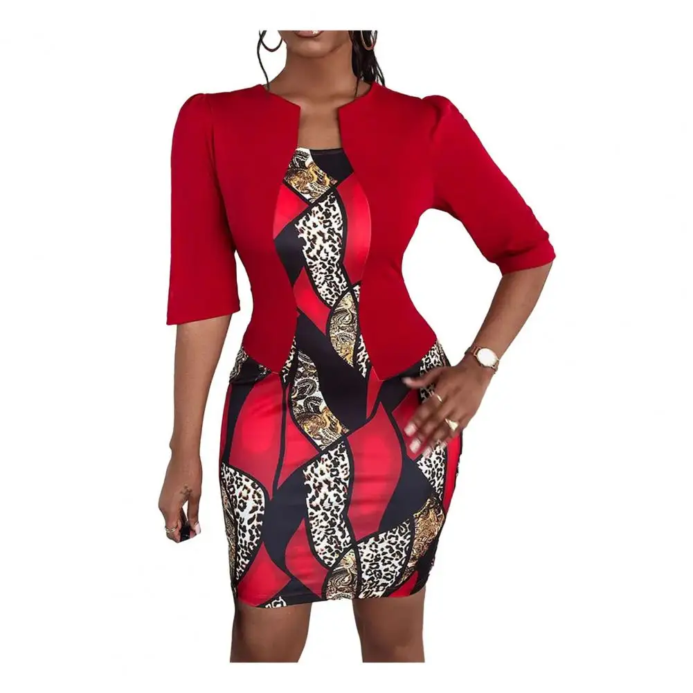 Women Printed Dress Printed Formal Sheath Dress with Slim Fit Coat Combo for Office Commute Women's Color Matching Half Sleeve