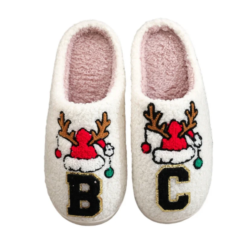 Pantoufles de noël personnalisées, monogramme en peluche, chaussures de maison floues, lettres personnalisables, cadeaux pour Couples, famille, hiver, confortables