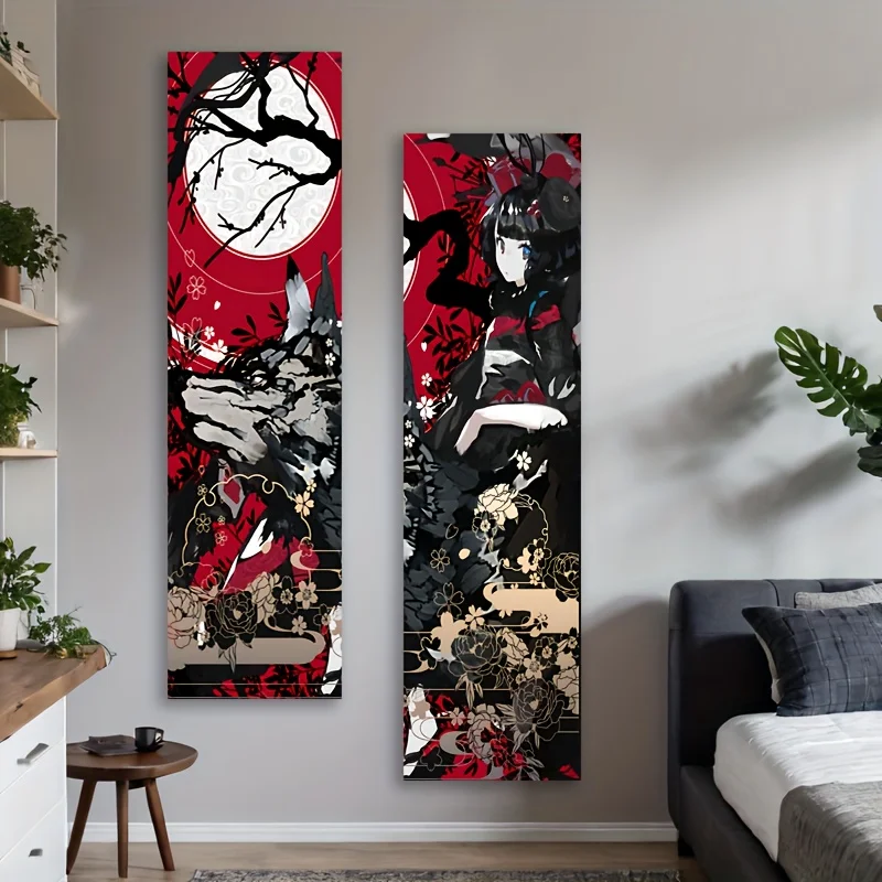 Dark Floral Anime Girl Vertical Banner Tapestry Red Black And Gold Abstract Art Long Narrow Wall Hanging For Bedroom Dorm Decor