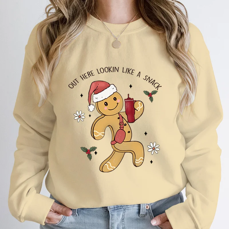 Christmas Gingerbread Print Women's Clothing Round Neck Tops Women Hoodeless Sweatshirts Cute Cartoon Autumn Long-Sleeved Tops