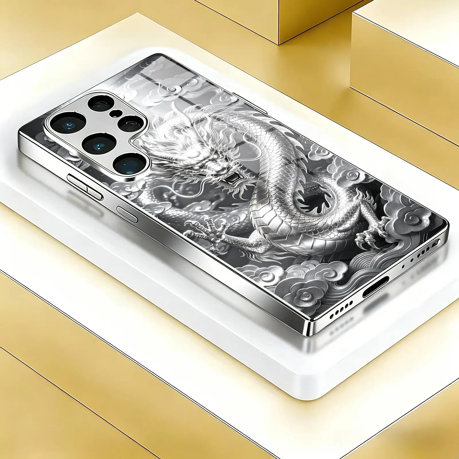 Pure Silver Dragon Phone Case For Samsung S26 S25 S24 S23 S22 S21 Plus Ultra Note20 Electroplated glass Phone Case