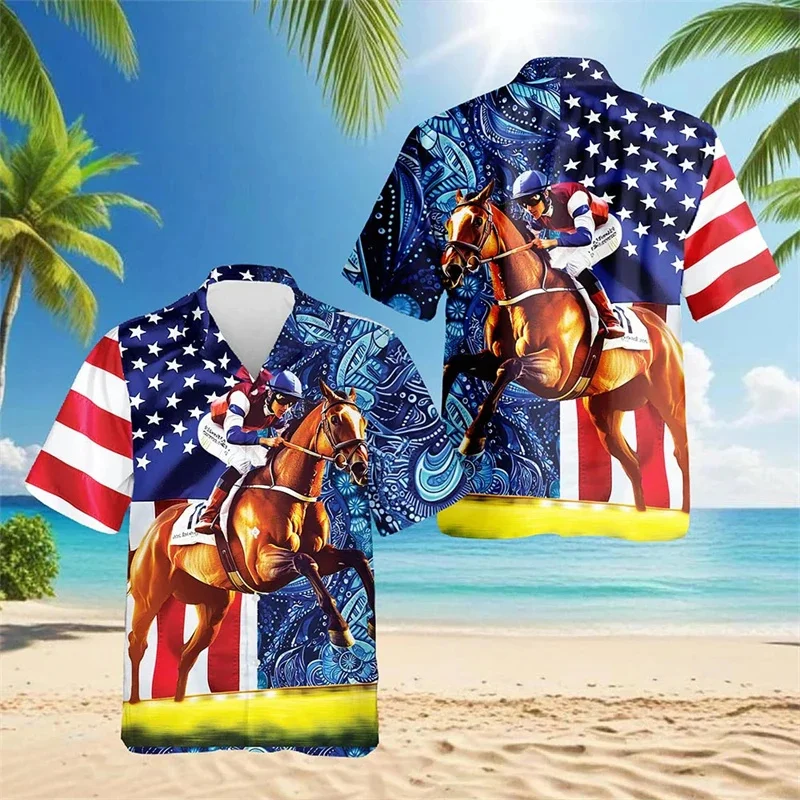 2025 Camisa Harajuku para hombre con estampado de carreras de caballos en 3D, camisa de manga corta con cuello cubano, camisa hawaiana para fiestas en la playa y Hawa