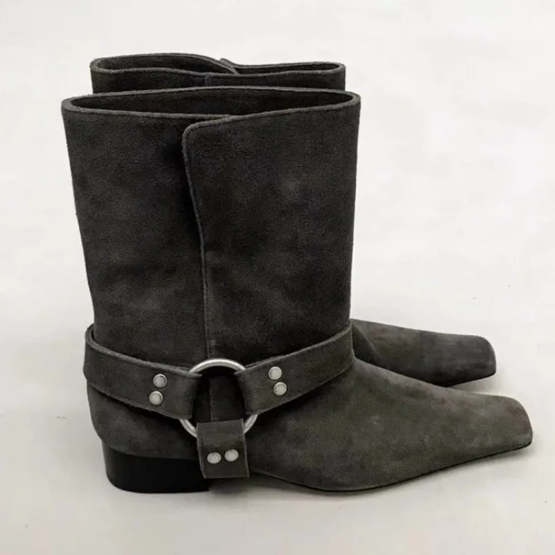 

Корейская версия ботинок на блочном каблуке с маленьким квадратным носком и металлической пряжкой, женские универсальные модные ботинки до середины ноги