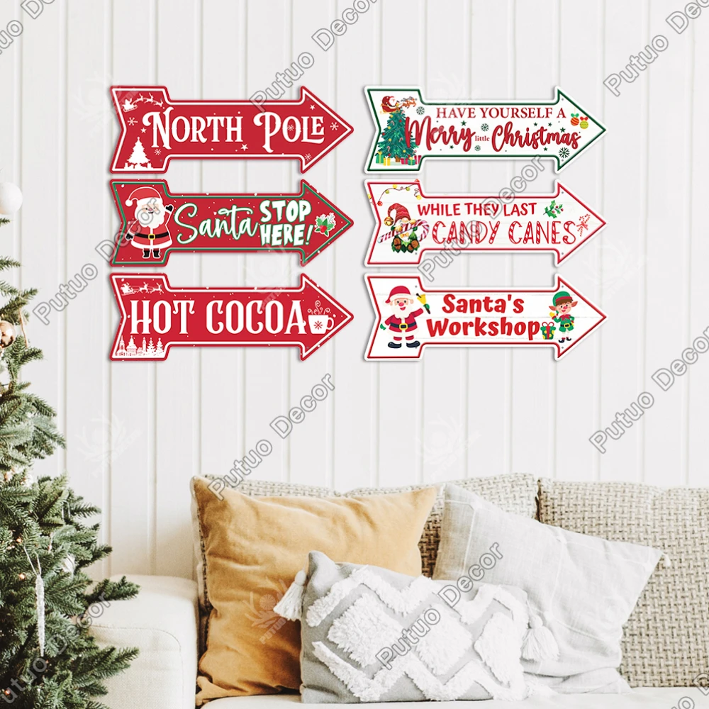 Putuo Decor Happy Christmas Vintage Metal Tin Arrow Sign, Wall Art Decor for Home Gate Cafe Coffee House, 7.8 X 11.8 Inches