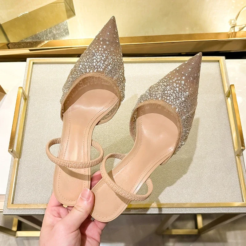 Luxury Brand Shiny Rhinestone Design Mesh High Heels Women Summer Elegant Open Heel Pointed Toe Sandals Thine Heel Mules Pumps