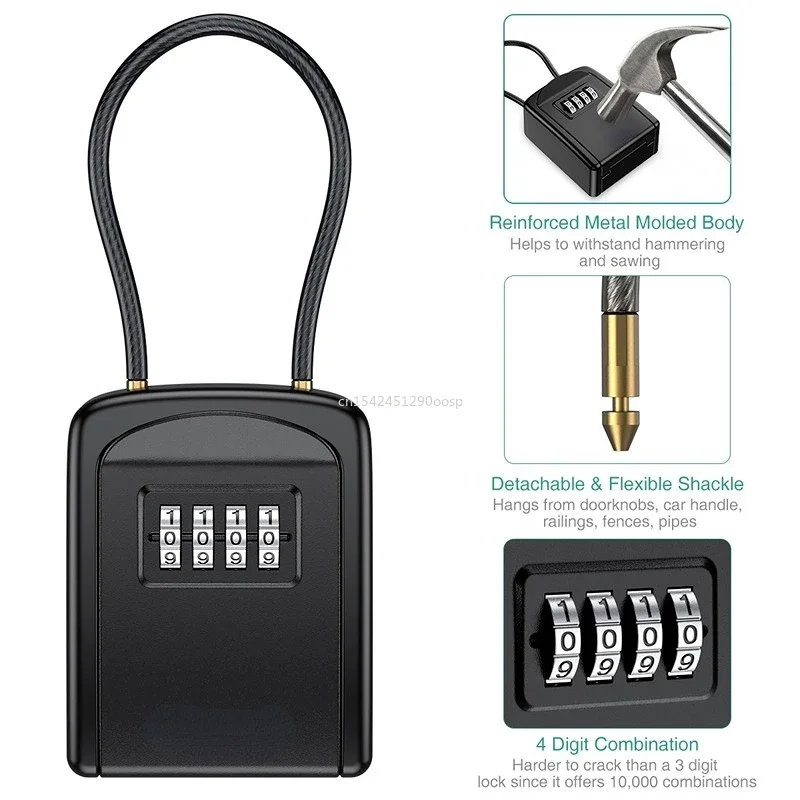 Key Lock Box 4 Digit Combination Key Safe Box Waterproof Key Storage Lock Box with Removable Chain  Security Anti-theft