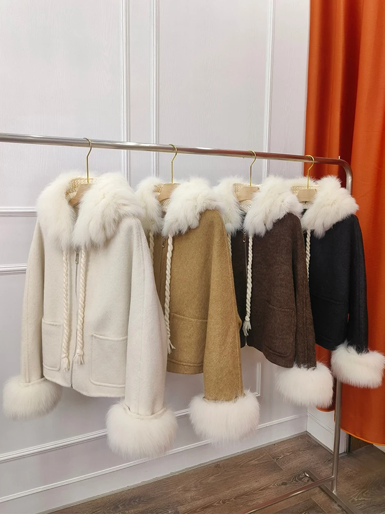 Autumn Winter Real Fur Coat Women Natural Fox Fur Hooded Jacket Short Cashmere Wool Woolen Ladies Outerwear Female Coat