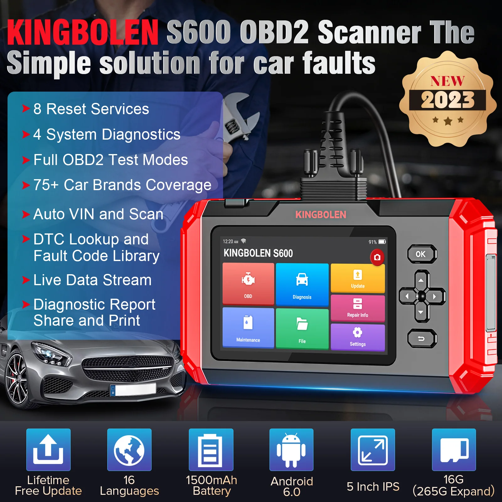 KINGBOLEN S600 OBD 2 SCanner Code Reader diagnostic tool 4 System 4 Resets lifetime free update pk LAUNCH CRP129E crp123E